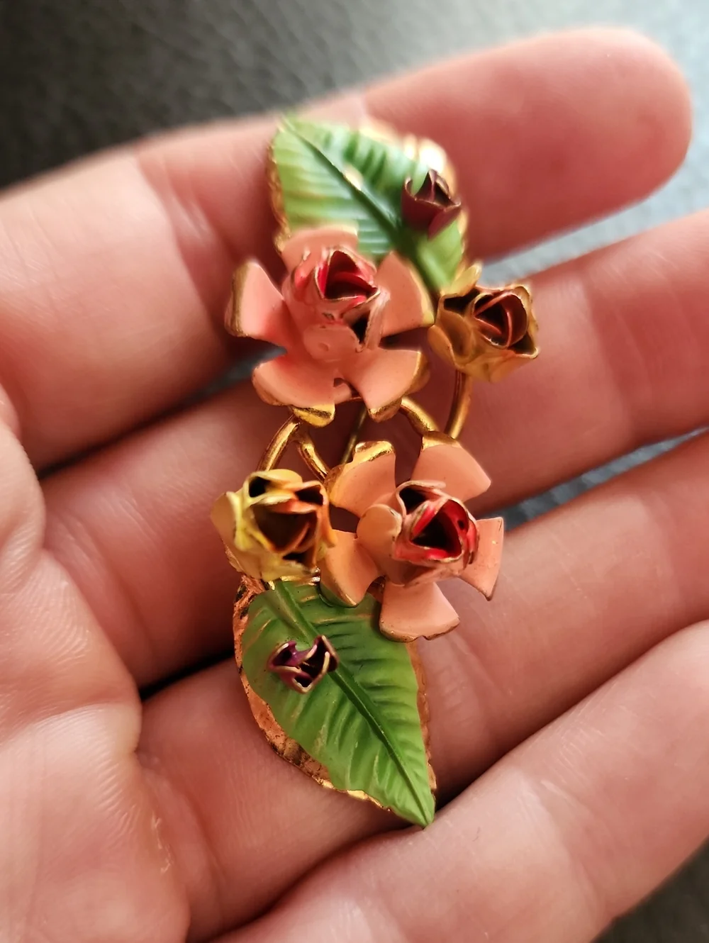 VTG Austria Pink Enamel Floral Brooch with Green Leaves - Women Jewelry - Picture 2 of 10